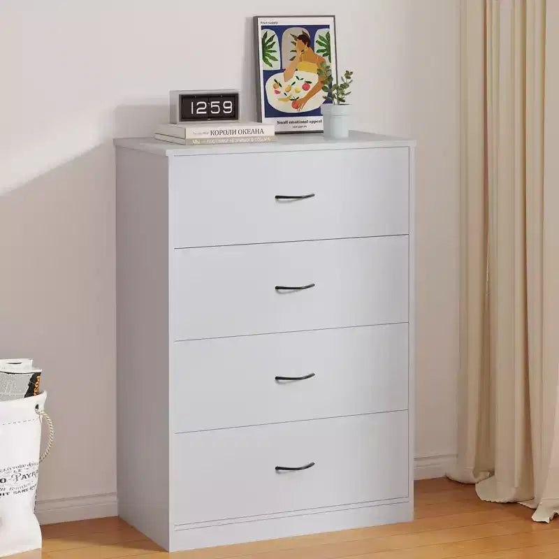 Commode de chambre 4 tiroirs moderne avec cadre en acier, meuble de rangement en MDF gris